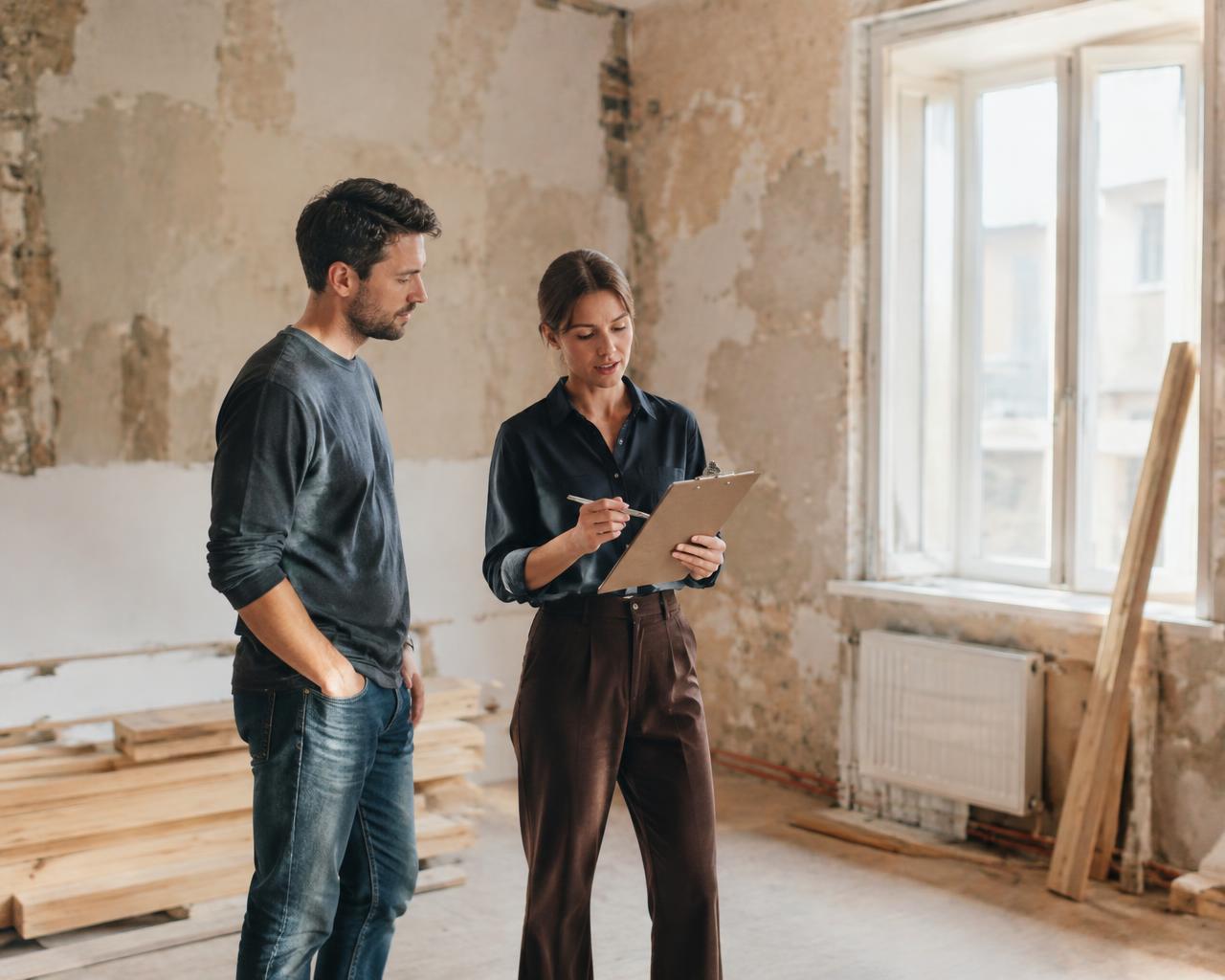Proprietário e representante a analisar o progresso de uma remodelação